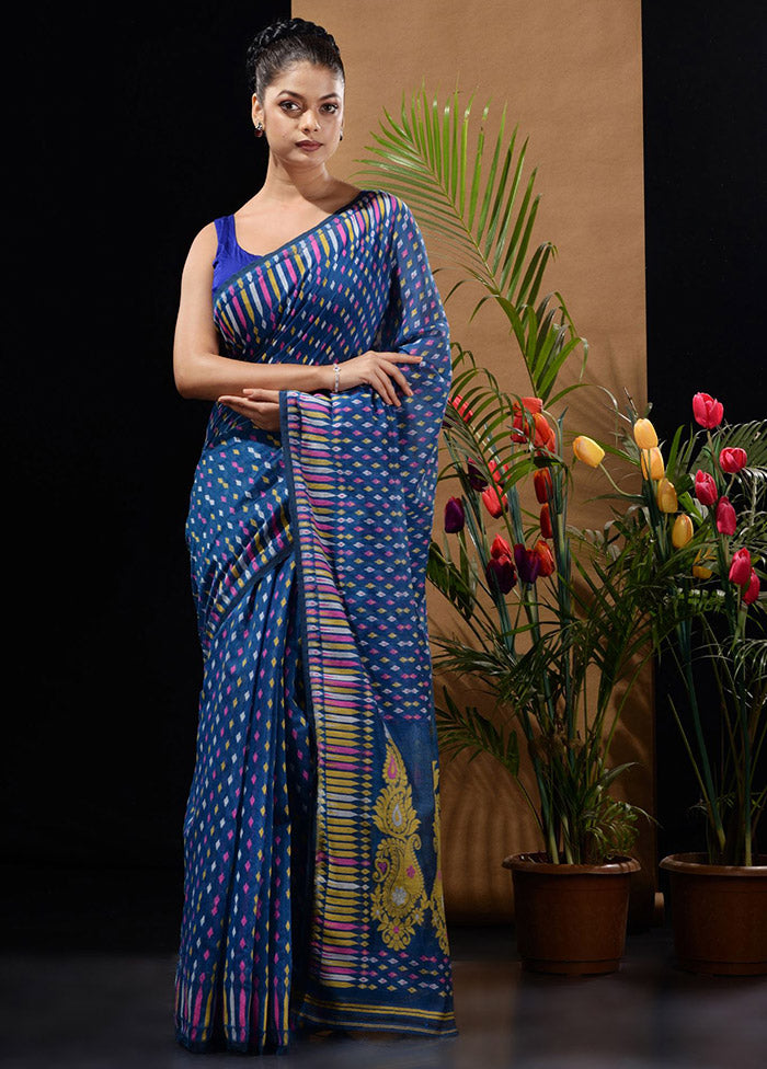 Blue Tant Saree Without Blouse Piece - Indian Silk House Agencies