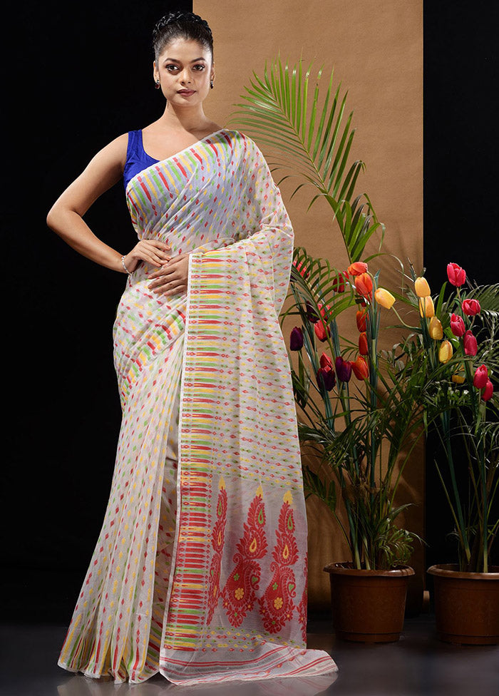 White Tant Saree Without Blouse Piece - Indian Silk House Agencies