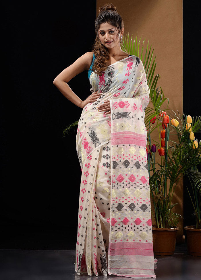White Tant Saree Without Blouse Piece - Indian Silk House Agencies