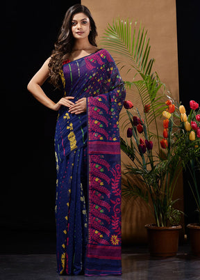 Dark Blue Tant Saree Without Blouse Piece - Indian Silk House Agencies