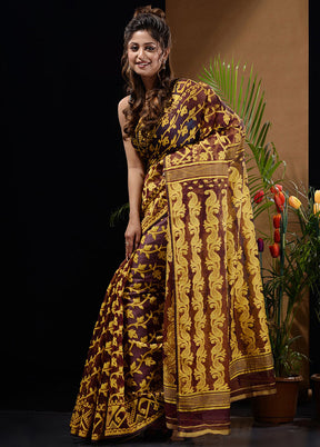 Dark Brown Tant Saree Without Blouse Piece - Indian Silk House Agencies