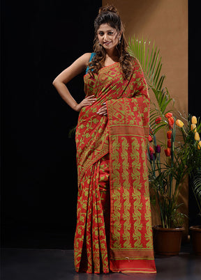 Red Tant Saree Without Blouse Piece - Indian Silk House Agencies