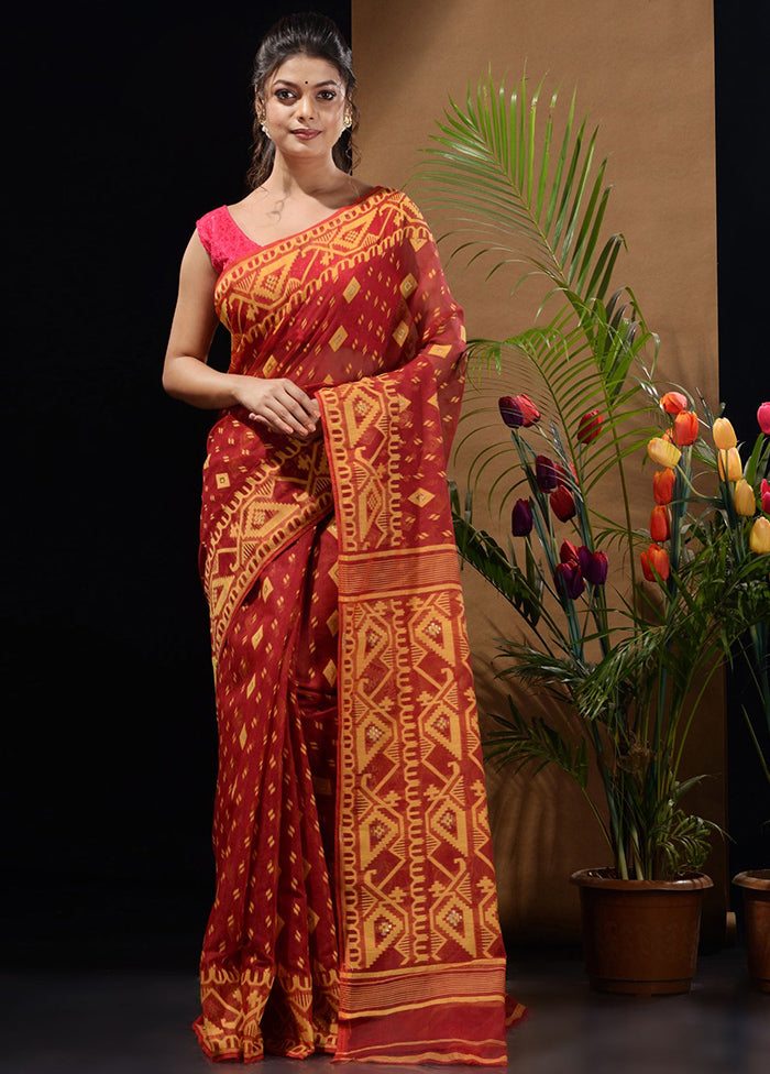 Dark Red Tant Saree Without Blouse Piece - Indian Silk House Agencies