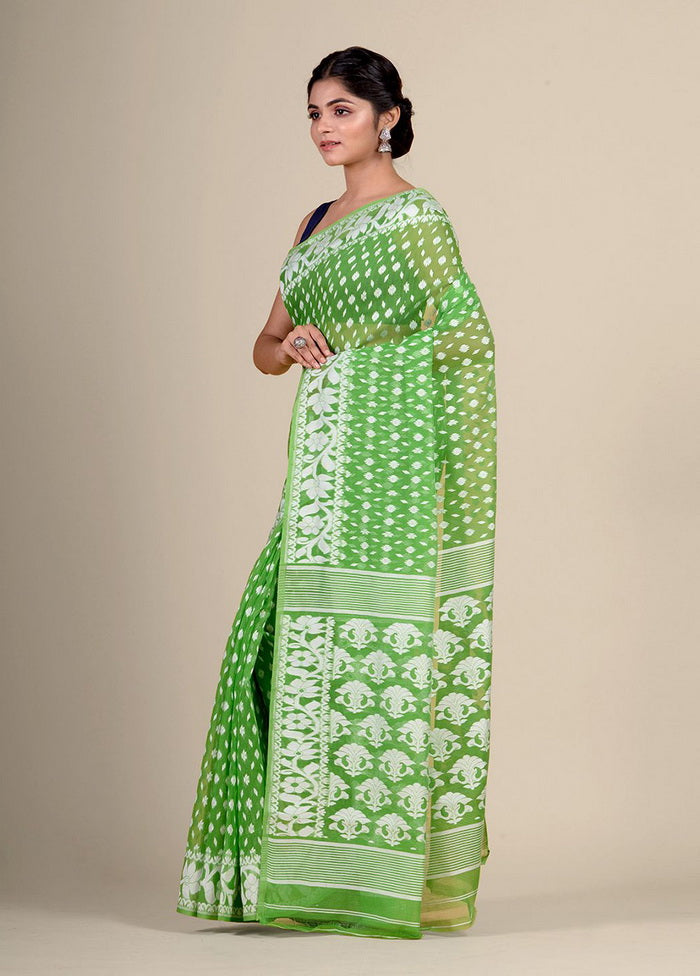 Green Cotton Handwoven Jamdani Saree Without Blouse Piece - Indian Silk House Agencies