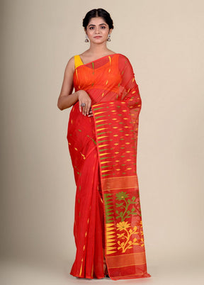 Red Cotton Handwoven Jamdani Saree Without Blouse Piece - Indian Silk House Agencies