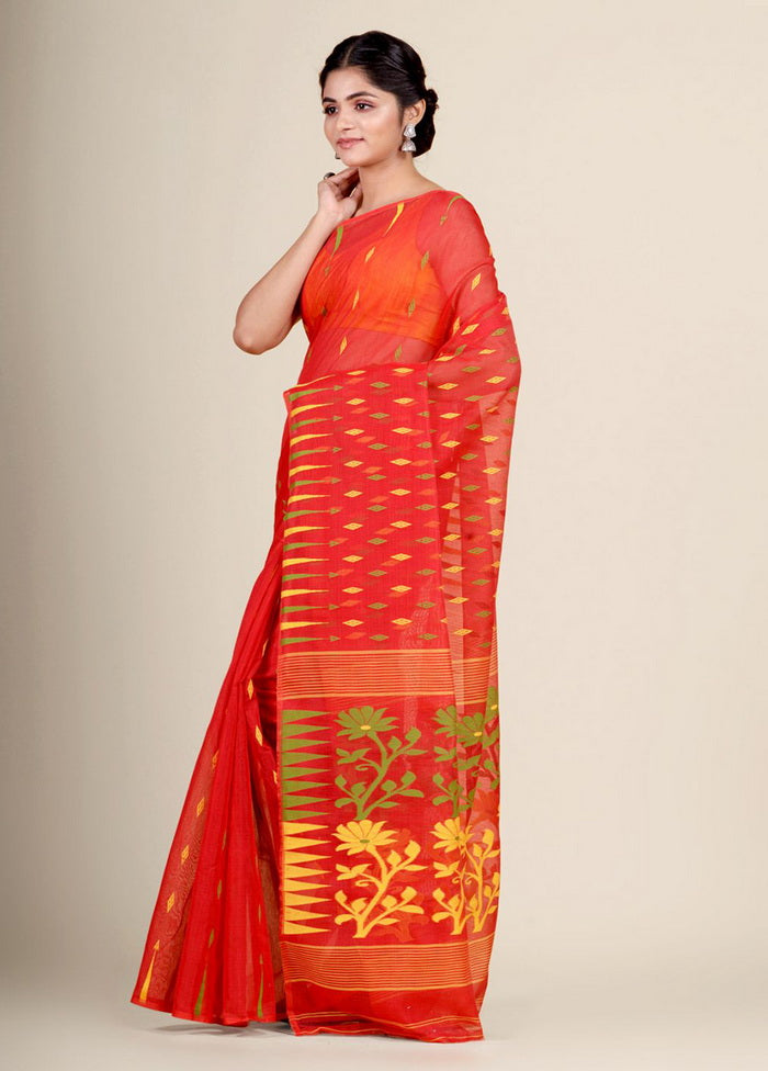 Red Cotton Handwoven Jamdani Saree Without Blouse Piece - Indian Silk House Agencies