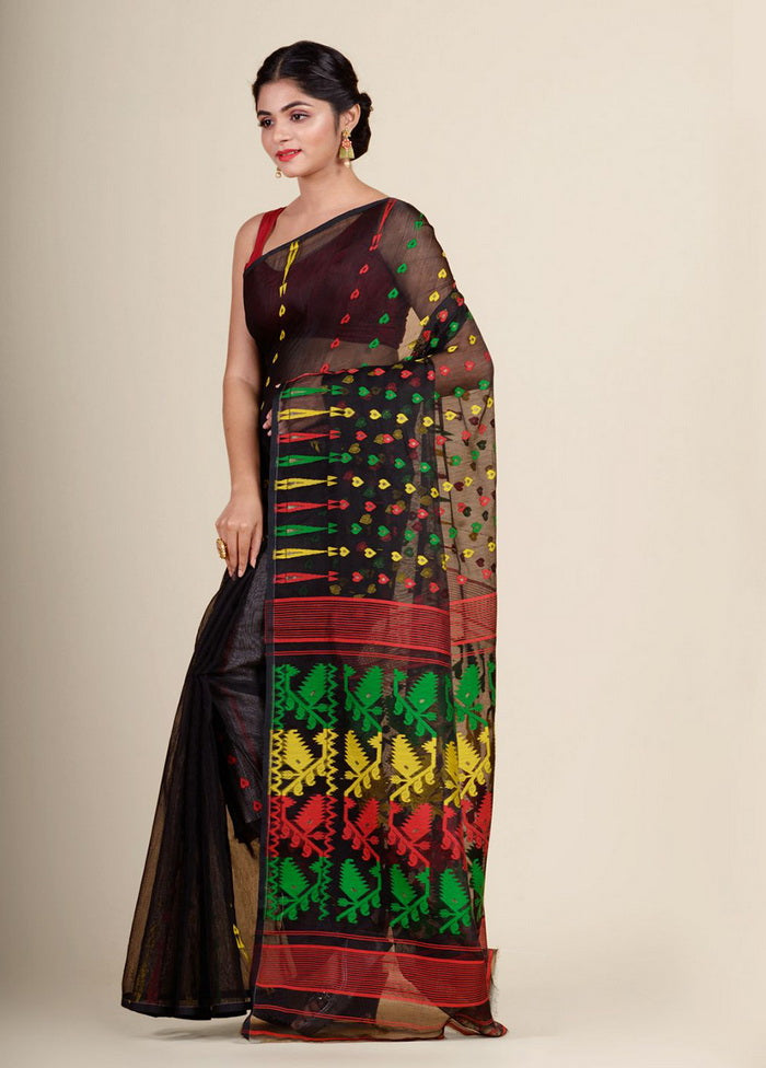 Black Cotton Handwoven Jamdani Saree - Indian Silk House Agencies