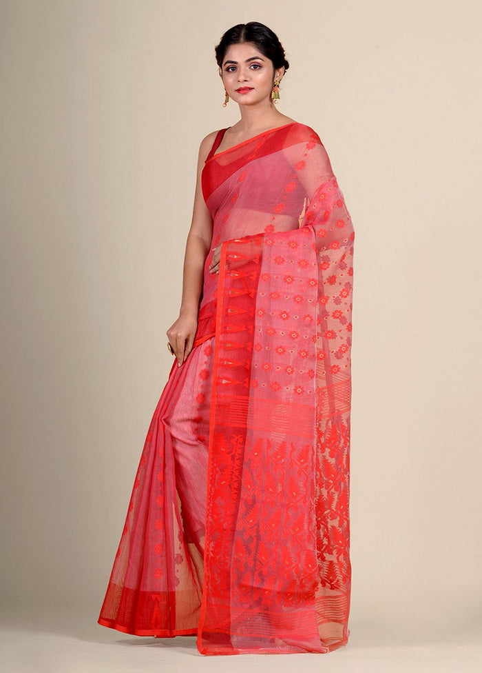 Red Cotton Handwoven Jamdani Saree - Indian Silk House Agencies