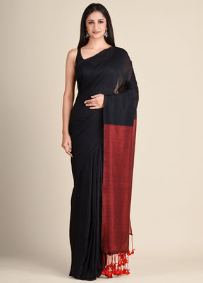 Black Pure Cotton Handloom Saree With Blouse - Indian Silk House Agencies