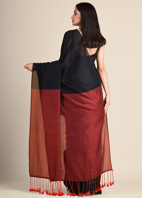 Black Pure Cotton Handloom Saree With Blouse - Indian Silk House Agencies