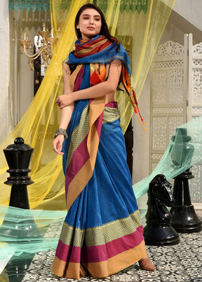 Blue Pure Cotton Temple Design Saree With Blouse - Indian Silk House Agencies