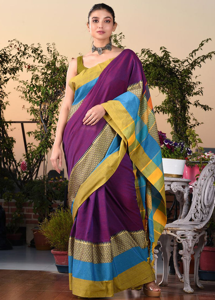 Purple Pure Cotton Temple Design Saree With Blouse - Indian Silk House Agencies