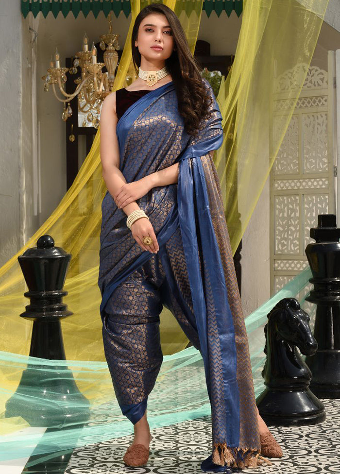 Blue Kora Silk Textured Saree With Blouse - Indian Silk House Agencies