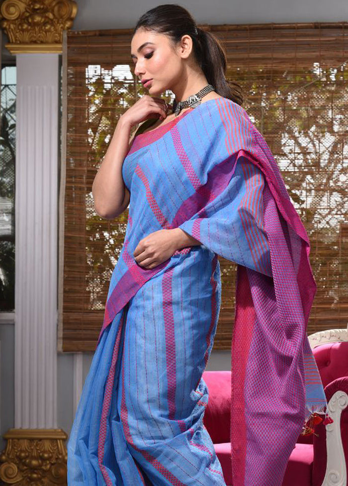 Blue Cotton Textured Saree With Blouse - Indian Silk House Agencies