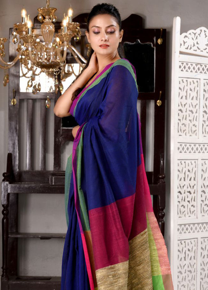 Navy Blue Pure Cotton Embellished Saree With Blouse - Indian Silk House Agencies