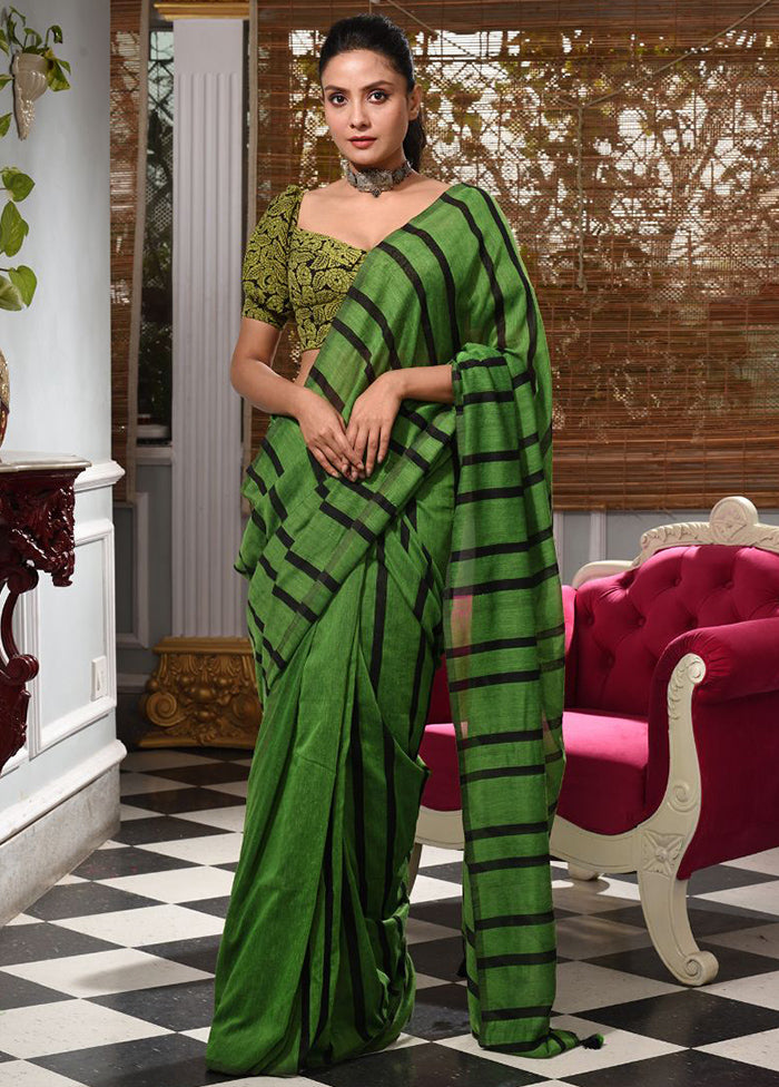 Green Pure Cotton Striped Design Saree With Blouse - Indian Silk House Agencies