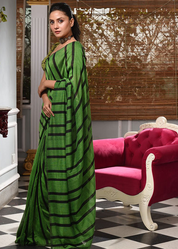 Green Pure Cotton Striped Design Saree With Blouse - Indian Silk House Agencies