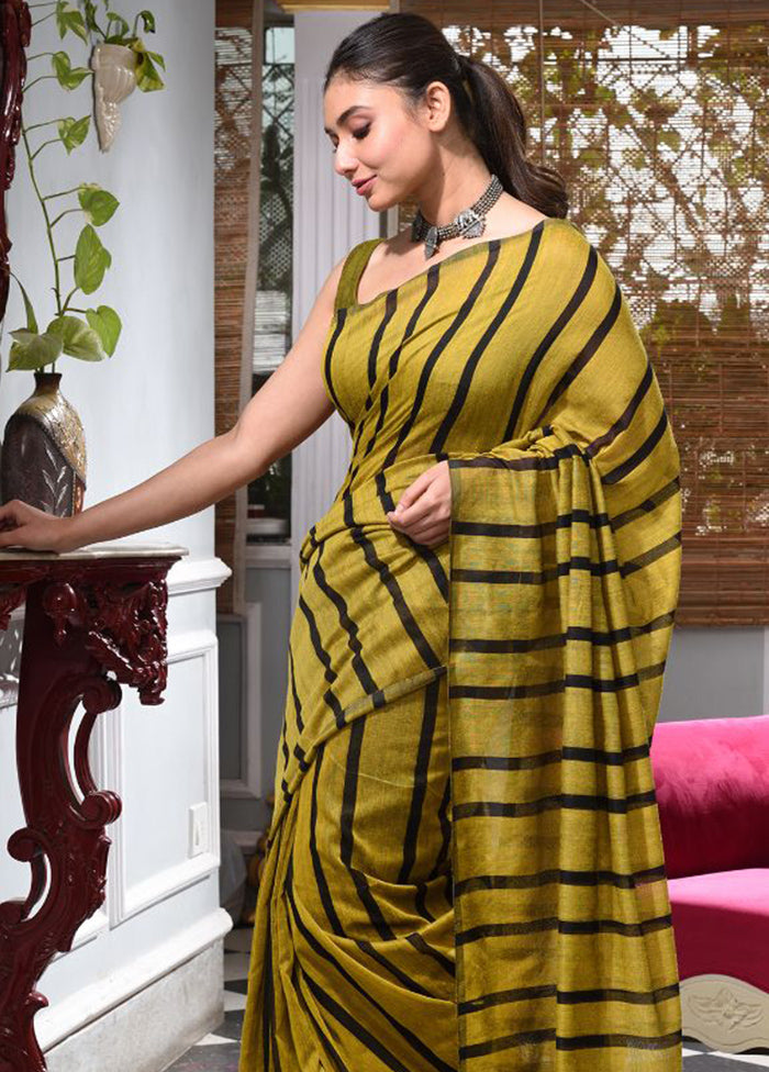 Mustard Pure Cotton Striped Design Saree With Blouse - Indian Silk House Agencies