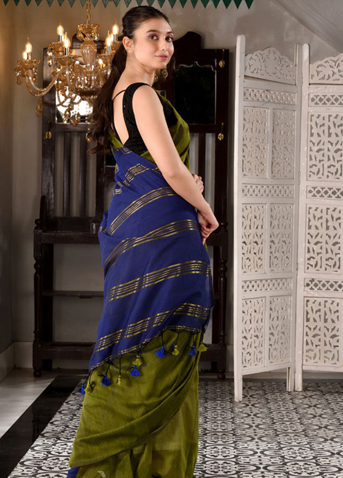 Sap Green Pure Cotton Embellished Saree With Blouse - Indian Silk House Agencies