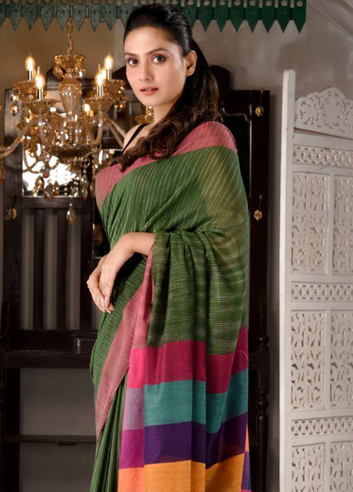 Green Pure Cotton Textured Saree With Blouse - Indian Silk House Agencies
