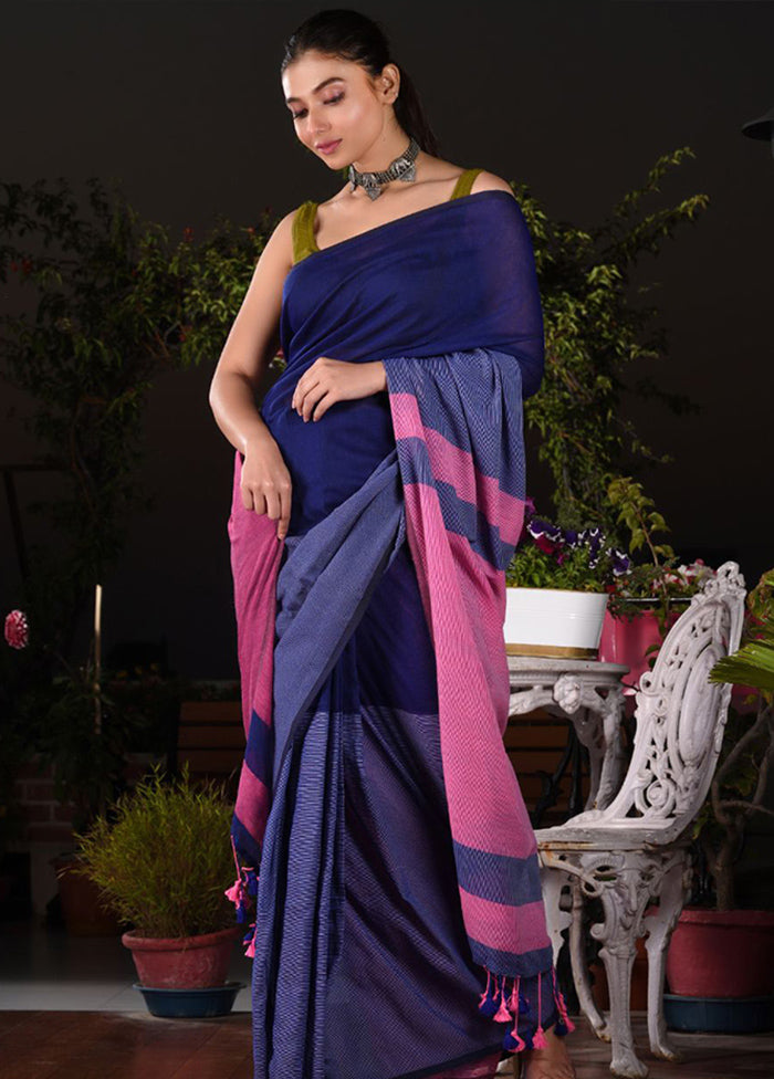 Navy Blue Pure Cotton Textured Saree With Blouse - Indian Silk House Agencies