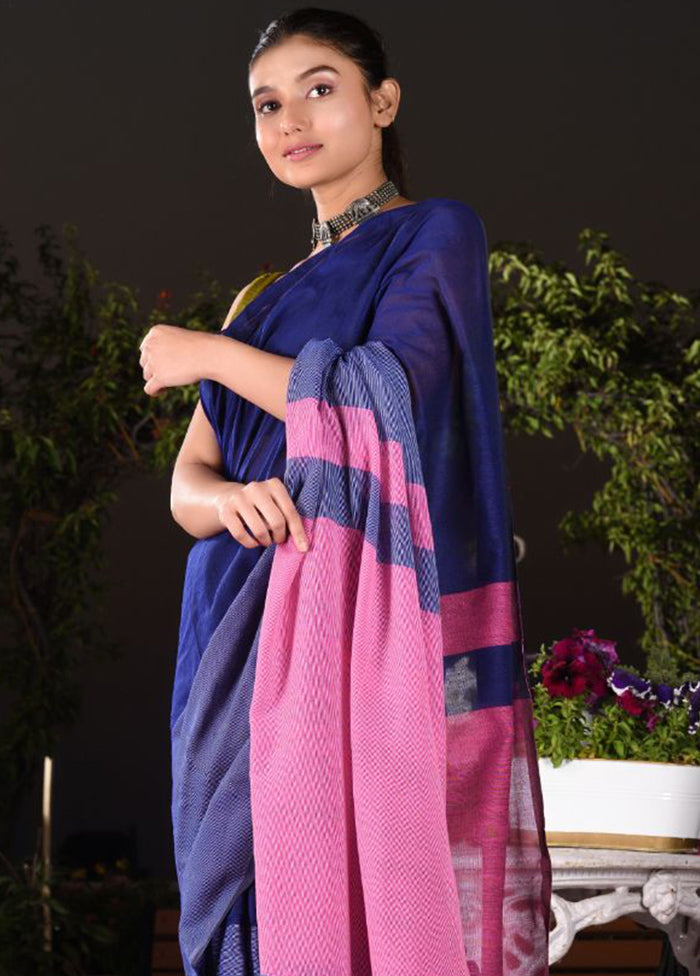 Navy Blue Pure Cotton Textured Saree With Blouse - Indian Silk House Agencies