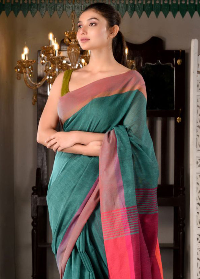 Green Pure Cotton Textured Saree With Blouse - Indian Silk House Agencies