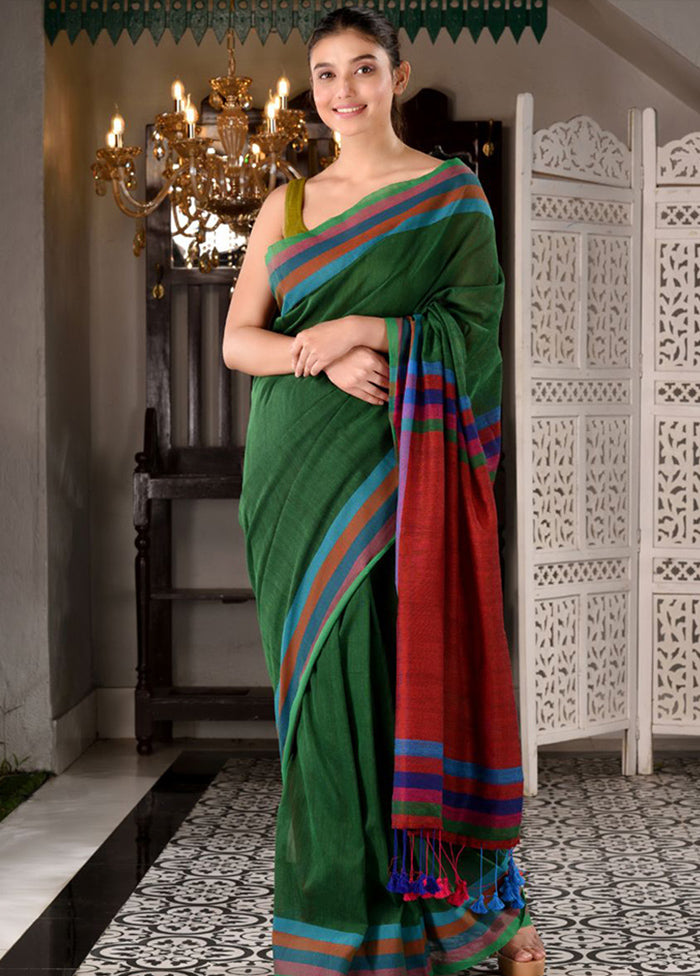 Bottle Green Pure Cotton Textured Saree With Blouse - Indian Silk House Agencies