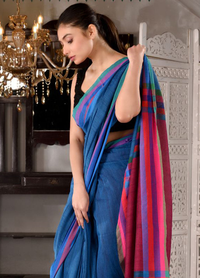 Blue Pure Cotton Textured Saree With Blouse - Indian Silk House Agencies