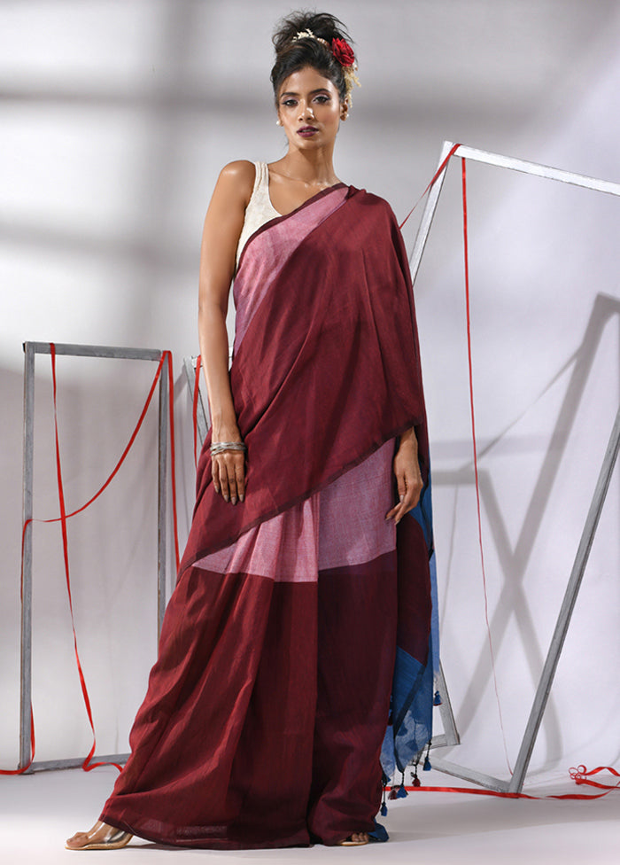 Maroon Cotton Saree With Blouse Piece