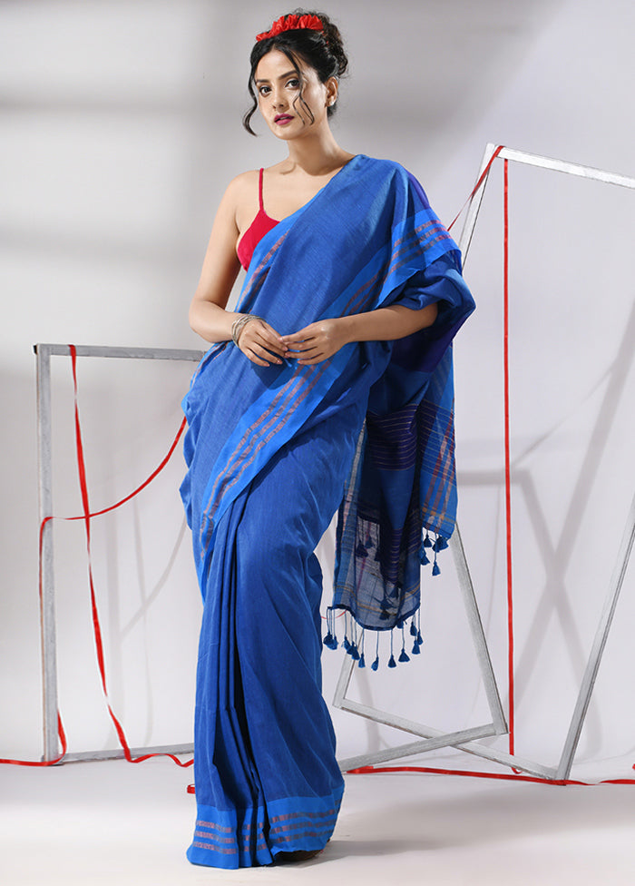Blue Cotton Saree With Blouse Piece - Indian Silk House Agencies