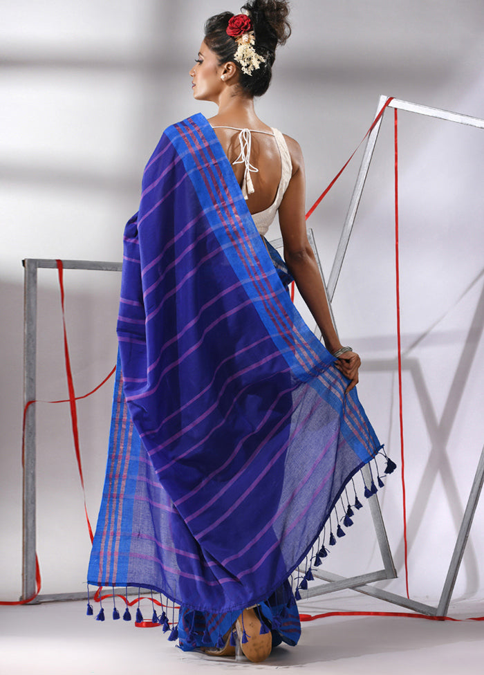 Navy Blue Cotton Saree With Blouse Piece - Indian Silk House Agencies