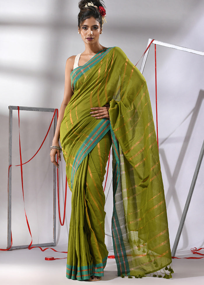 Moss Green Cotton Saree With Blouse Piece