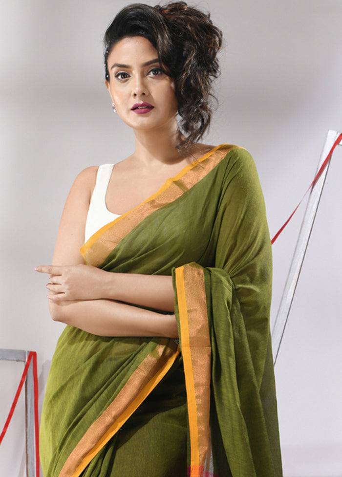 Moss Green Cotton Saree With Blouse Piece - Indian Silk House Agencies