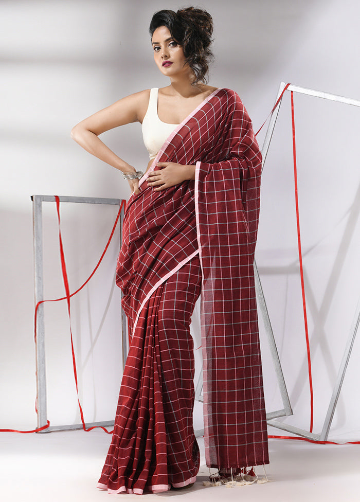 Dark Red Cotton Saree With Blouse Piece - Indian Silk House Agencies