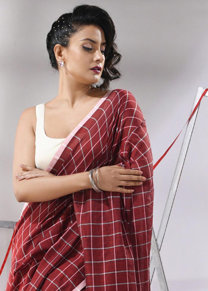 Dark Red Cotton Saree With Blouse Piece - Indian Silk House Agencies