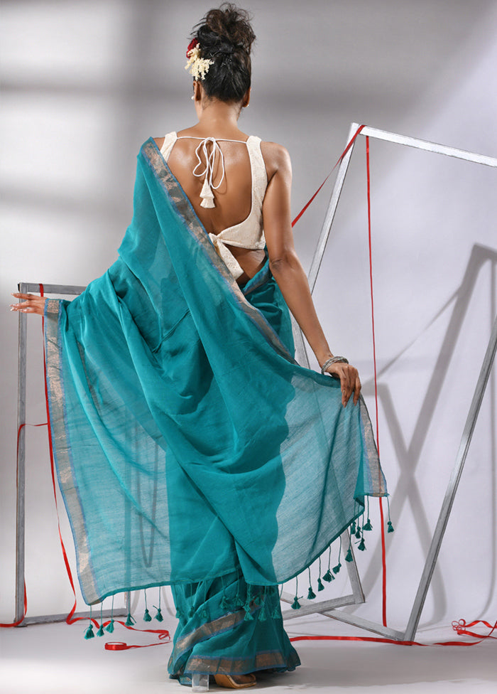 Teal Cotton Saree With Blouse Piece - Indian Silk House Agencies