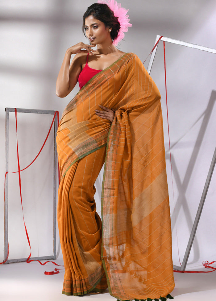 Mustard Cotton Saree With Blouse Piece - Indian Silk House Agencies