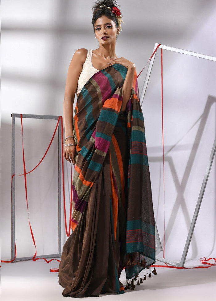 Brown Cotton Saree With Blouse Piece - Indian Silk House Agencies