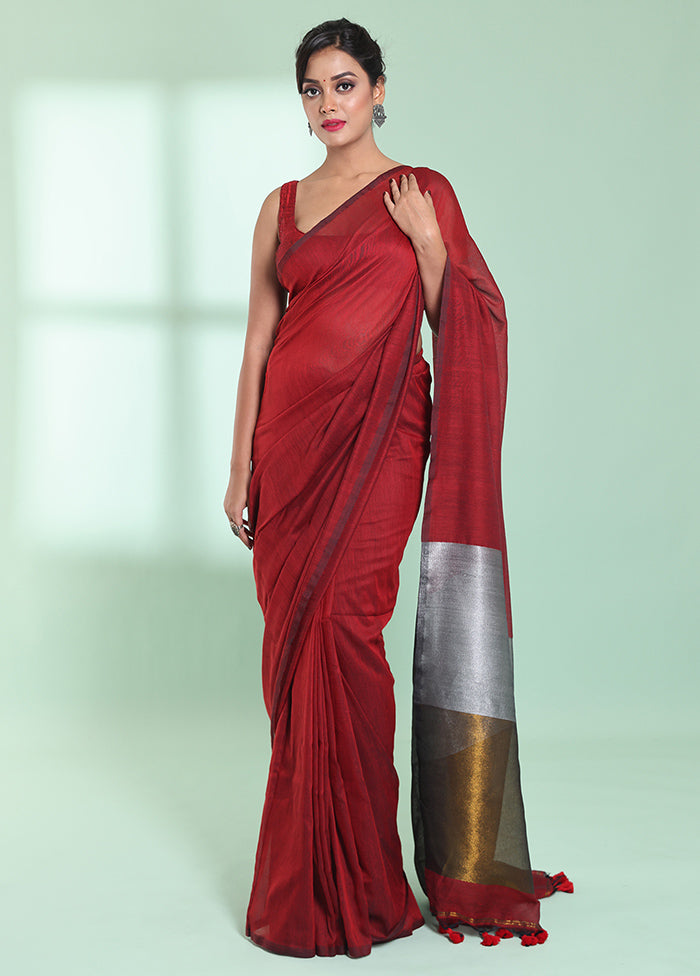 Red Cotton Saree With Blouse Piece - Indian Silk House Agencies