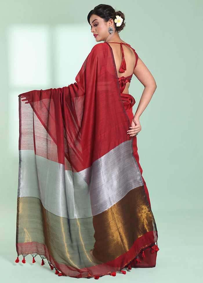 Red Cotton Saree With Blouse Piece - Indian Silk House Agencies