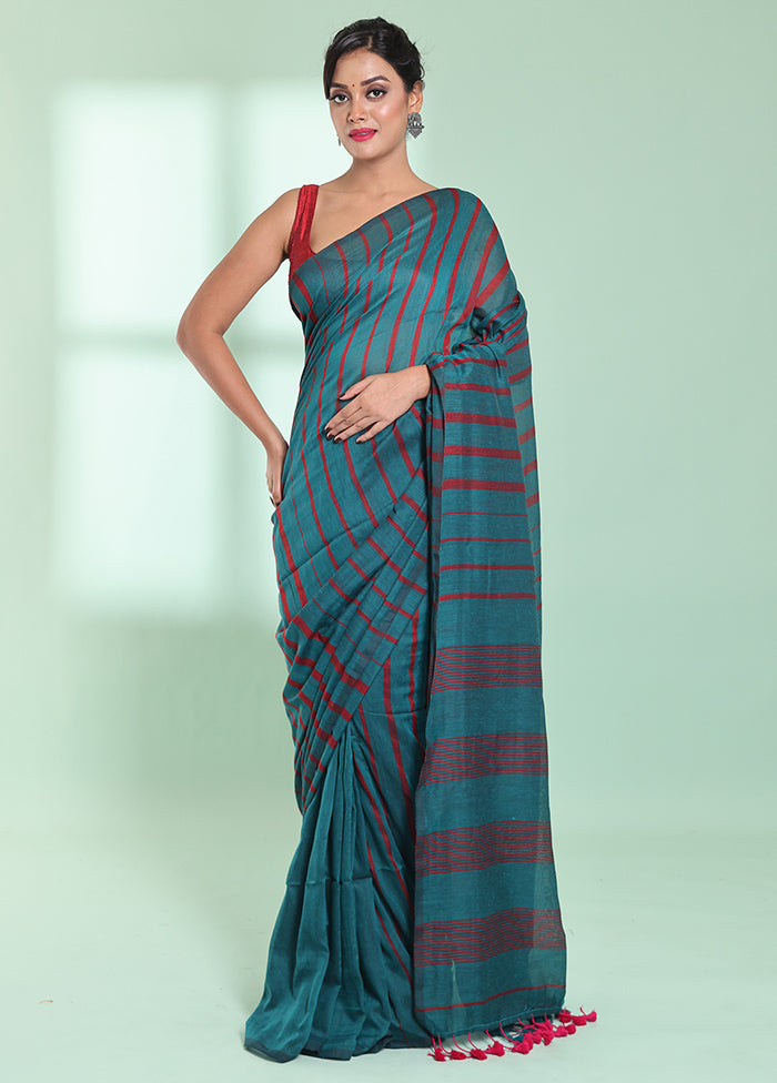 Teal Cotton Saree With Blouse Piece - Indian Silk House Agencies