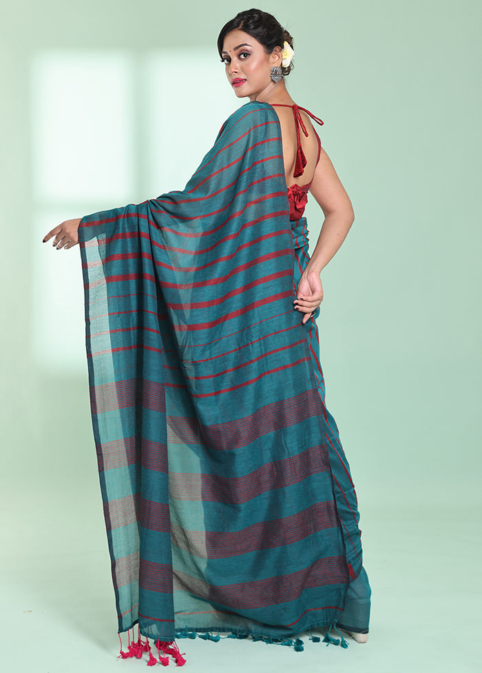 Teal Cotton Saree With Blouse Piece - Indian Silk House Agencies