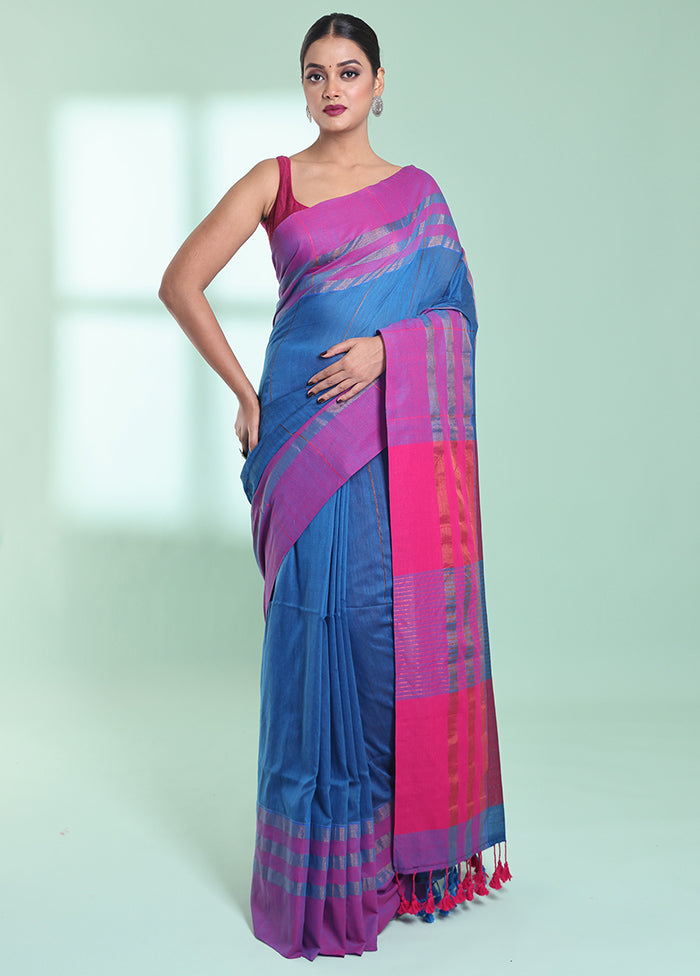 Blue Cotton Saree With Blouse Piece - Indian Silk House Agencies