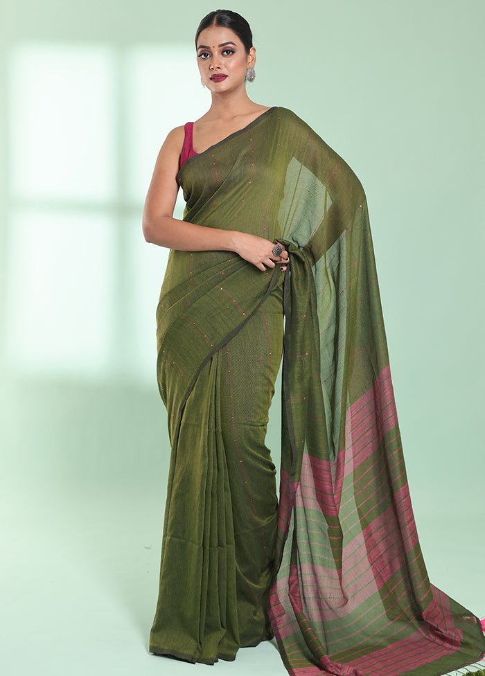 Green Cotton Saree With Blouse Piece - Indian Silk House Agencies