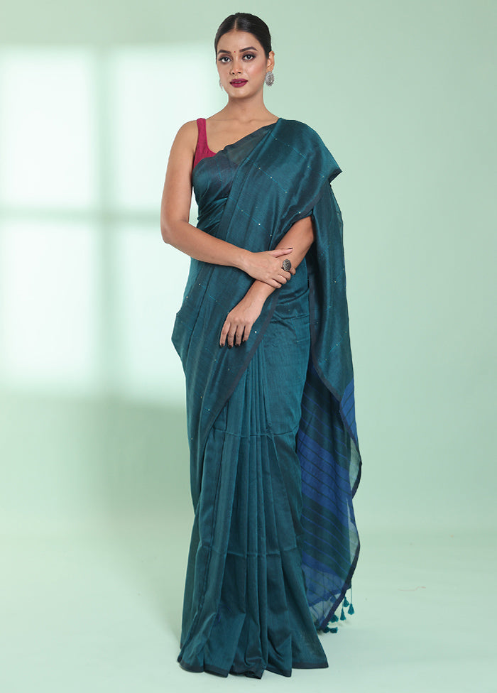 Teal Cotton Saree With Blouse Piece - Indian Silk House Agencies