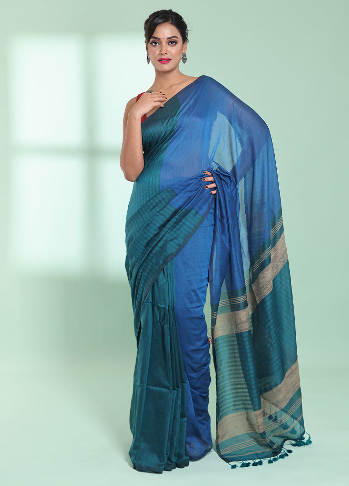 Teal Cotton Saree With Blouse Piece - Indian Silk House Agencies