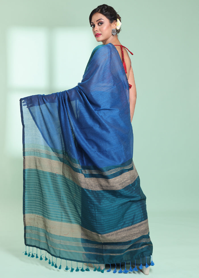 Teal Cotton Saree With Blouse Piece - Indian Silk House Agencies