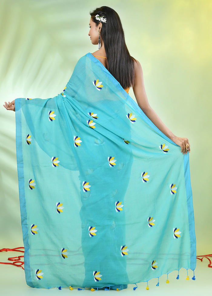 Sea Green Cotton Saree With Blouse Piece