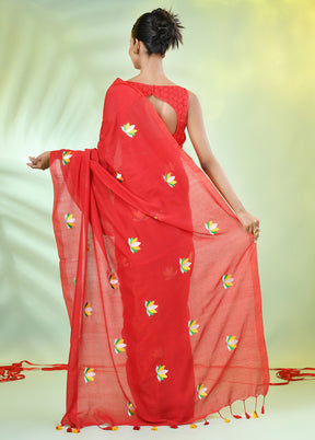 Red Cotton Saree With Blouse Piece